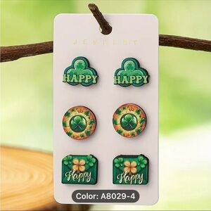3 Pairs NIP St. Patrick's Day Lucky Shamrock Leprechaun Wooden Post Earrings